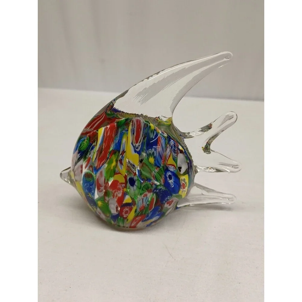 Murano Millefiori Style Art Glass Angel Fish Paperweight MultiColor Hand Crafted